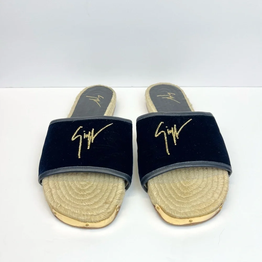 Giuseppe Zanotti Brett Slides Black Velvet Upper Gold-tone Us 13 EU 44 Sandals